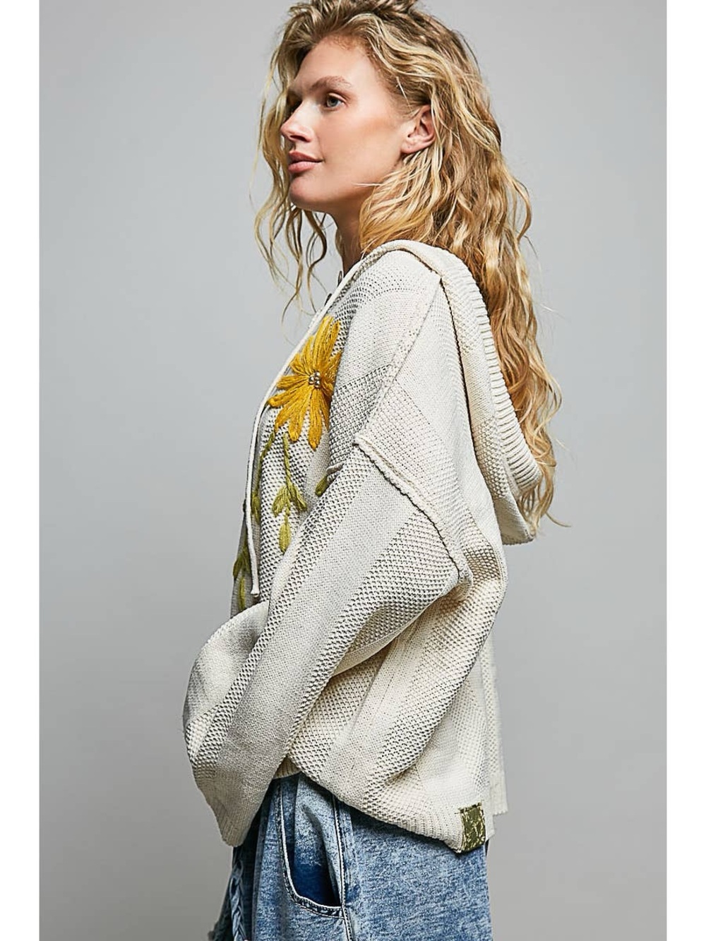 POL Cream Sunflower Embroidered Oversized Knit Boho Hoodie - Picture 4 of 8